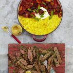 Grilled steak ratatouille saffron rice